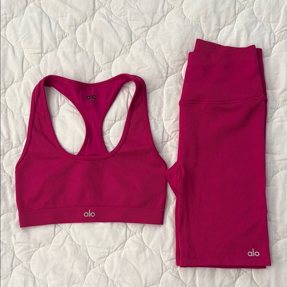 ALO Yoga Raspberry Sorbet Seamless High-Waisted Shorts and Bra in Small